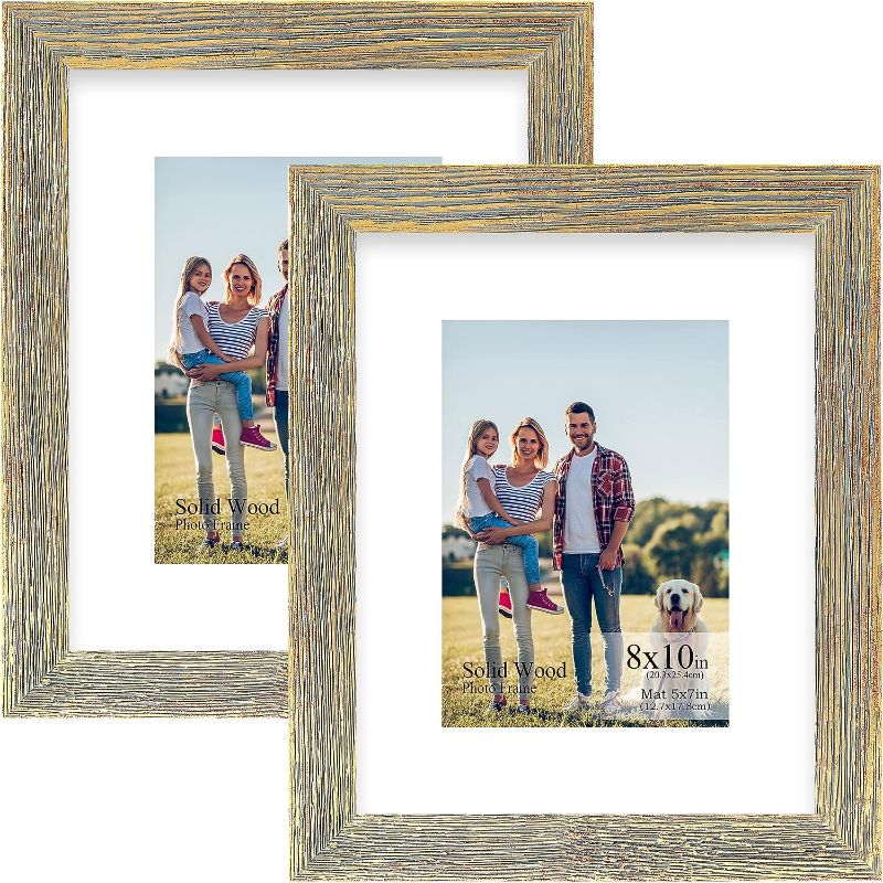 Photo 1 of 8x10 Picture Frame - Made of Solid Wood and High Definition Real Glass, 8x10 frame Display Pictures 5x7 with Mat or 8x10 Without Mat for Wall or Tabletop Photo Frame Set of 2 (Gold)