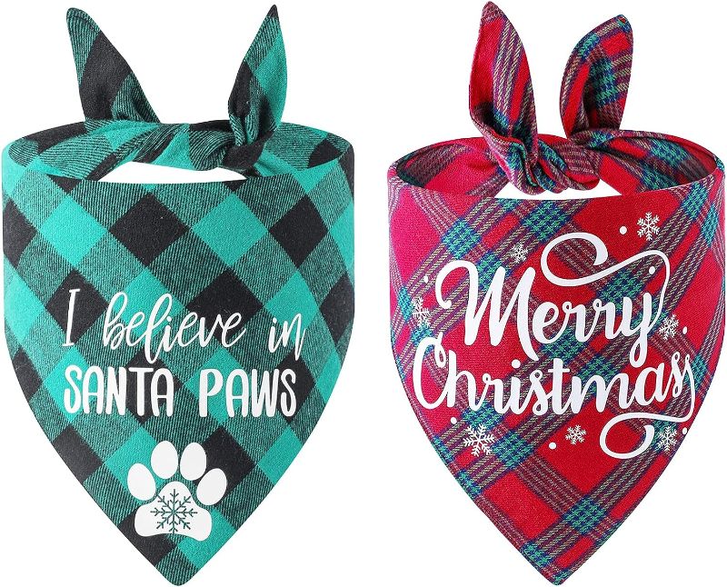 Photo 1 of  2 Pack Dog Bandana Christmas Classic Plaid, Pet Scarf Triangle Bibs Kerchief Set Pet Costume Accessories Decoration for Small Medium Large Dogs Cats Pets (Red & Green)
