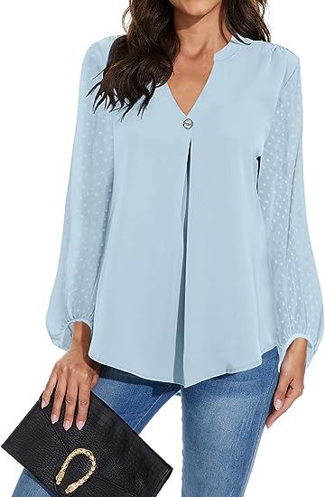 Photo 1 of BETTE BOUTIK Womens V Neck Chiffon Blouses Jacquard Lantern Sleeve Button Down Shirts Workwear Tunics Loose Fit Tops MEDIUM