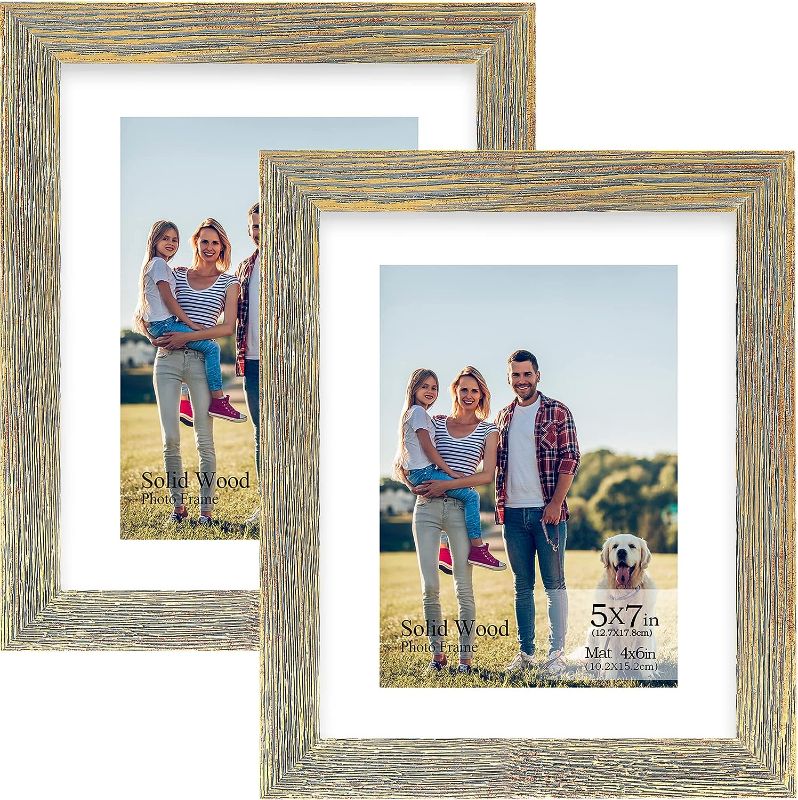Photo 1 of 5x7 Picture Frames Set of 2 - Made of Solid Wood and High Definition Real Glass, Gold Picture Frames 5x7, Display Pictures frames 5x7 with Mat for Tabletop or Wall Display (Gold)