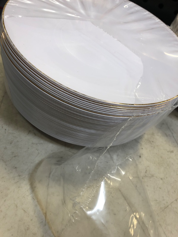 Photo 2 of  100Pieces White with Gold Rim Plastic Plates- 7.5inch Disposable Gold Salad/Dessert Plates-Ideal for Weddings& Parties