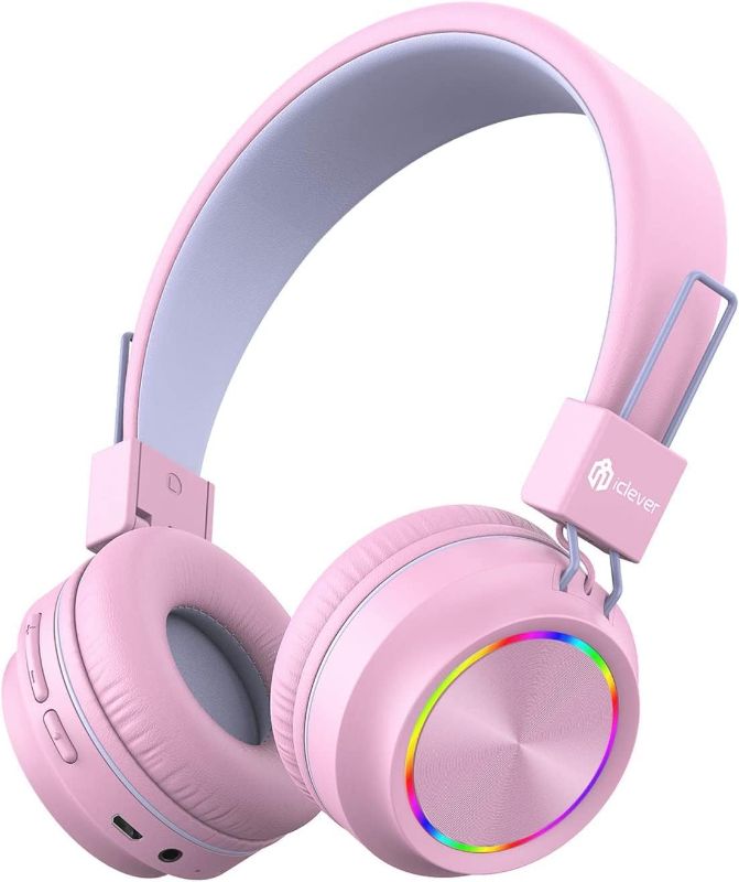 Photo 1 of iClever BTH03 Kids Bluetooth Headphones Safe Volume, Colorful LED Lights, 25H Playtime, Stereo Sound Mic, Bluetooth 5.0, Foldable, On Ear Kids Wireless Headphones for Tablet Airplane (Pink)