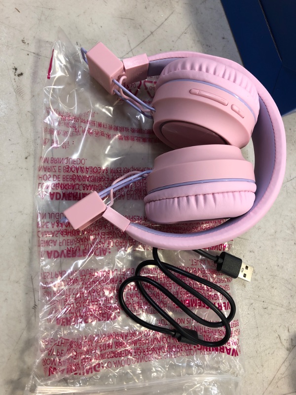 Photo 2 of iClever BTH03 Kids Bluetooth Headphones Safe Volume, Colorful LED Lights, 25H Playtime, Stereo Sound Mic, Bluetooth 5.0, Foldable, On Ear Kids Wireless Headphones for Tablet Airplane (Pink)