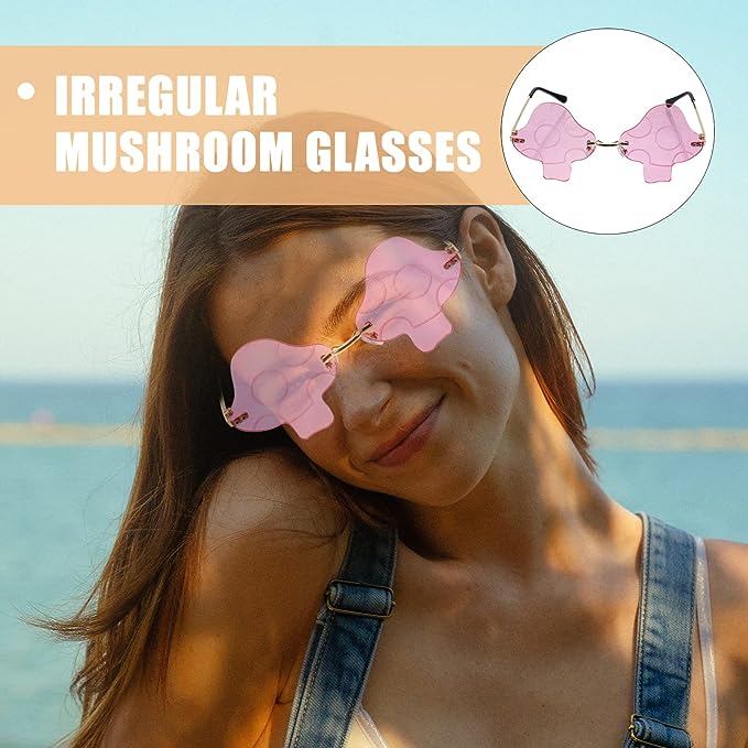 Photo 1 of  Mushroom Shape Sunglasses Pink Sunglass Irregular Sunglasses Funny Eyeglasses Rimless Eyewear for Retro Rave Party Halloween Prom Mens Sunglasses