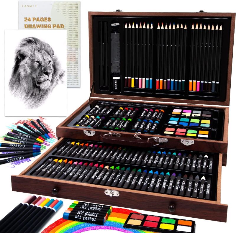 Photo 1 of Art Supplies, Tanmit 141-Piece Deluxe Art Set Painting Drawing Kit with Artist Sketch Pad, Oil Pastels, Colored Pencils, Crayons, Watercolor Cakes, Wooden Art Box for Adults Beginners