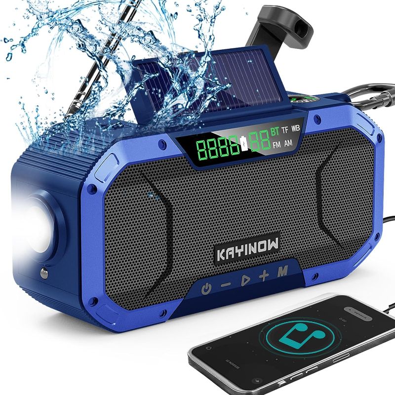 Photo 1 of Waterproof Emergency Weather Radio with Portable Bluetooth Speaker, AM/FM/NOAA Hand Crank Solar Rechargeable Radio with Flashlight, Reading Light, 5000mAh Cell Phone Charger, SOS Alarm, Survival Gear