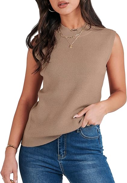 Photo 1 of xl Women's Mock Neck Knit Sweater Vest Casual Sleeveless Summer Trendy Ribbed Pullover Tank Tops

