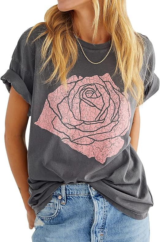 Photo 1 of large Womens Rose Graphic Tee T Shirt Loose Fit Summer Short Sleeve Casual Boyfriend Crew Neck Tops