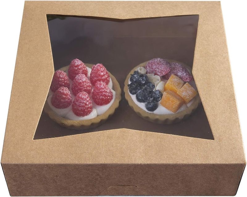 Photo 1 of [15pcs]10inch Natural Kraft Bakery Pie Boxes with PVC Windows,Large Cookie Box 10x10x2.5inch Pack of 15 (Brown, 15)