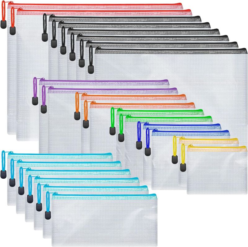 Photo 1 of 24 Pack Mesh Zipper Pouch, Waterproof Document Zippered Bag, 8 Sizes Plastic Document Pouch, 8 Colors, Multi-Purpose Storage Organizer Bag for School Office  PACKAGING MAY VARY