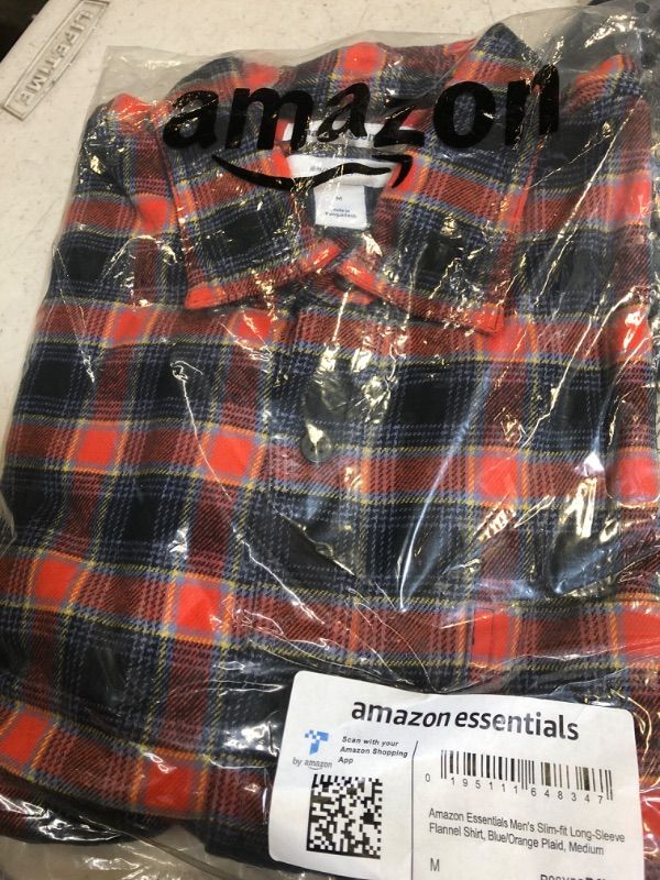 Photo 2 of Amazon Essentials Men's Slim-Fit Long-Sleeve Flannel Shirt Medium Black Orange Stripe