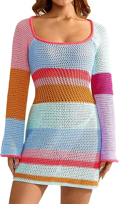 Photo 1 of Fabumily Women Crochet Knit Mini Dress Long Sleeve Colorful Mesh Cover Ups Casual Sweater Dress 2022 Summer Beach Wear --- XL
