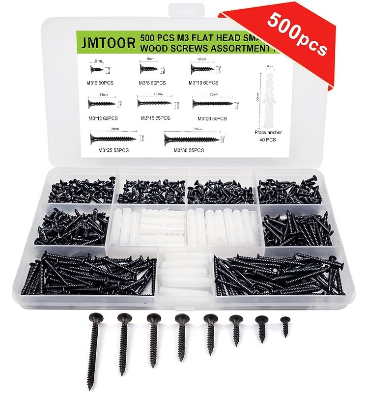 Photo 1 of 500 Pcs M3 Flat Head Small Wood Screws Assortment Kit, Phillips Drive Countersunk Head Self Tapping Screws,Black Self Tapping Screws for Metal,8 Sizes Screws and 40pcs M6 Screws Anchorss
