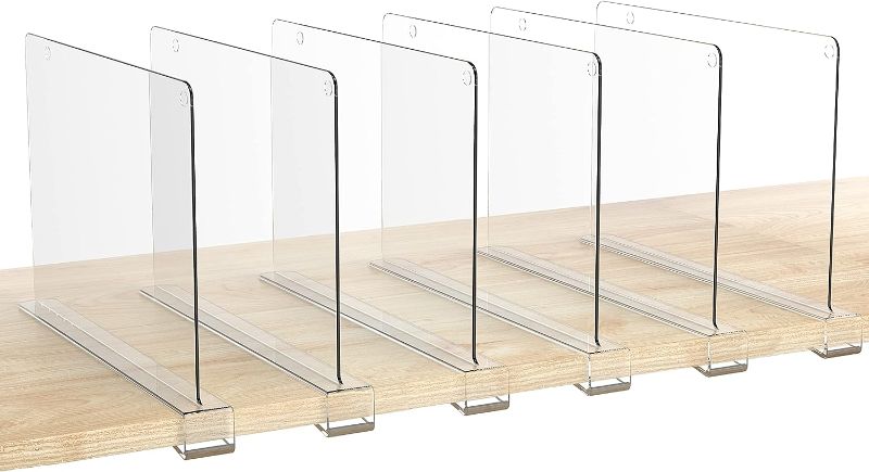 Photo 1 of HBlife 6 Pack Clear Shelf Dividers, Vertical Purse Organizer for Closet Perfect for Sweater, Shirts, Handbags in Bedroom and Kitchen, Adjustable Acrylic Bookshelf for Organization
