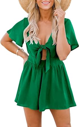 Photo 1 of Aoysky Rompers for Women Dressy Casual Tie Front Summer Beach Outfits V Neck Shorts Romper https://a.co/d/fMo06OE