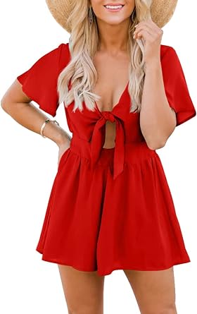 Photo 1 of Aoysky Rompers for Women Dressy Casual Tie Front Summer Beach Outfits V Neck Shorts Romper https://a.co/d/3S9a4Wz