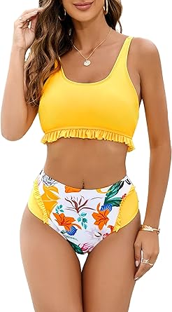 Photo 1 of Damorong Womens High Waist Swimsuits Ruffled Tankini Tummy Control Floral Bikini Two Piece Bathing Suit https://a.co/d/6jTHYk3