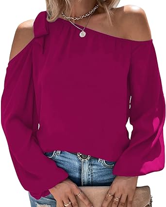 Photo 1 of Bengbobar Off Shoulder Tops for Women Long Sleeve Blouses Bow Knot Puff Sleeve Casual Loose Shirts
size- M