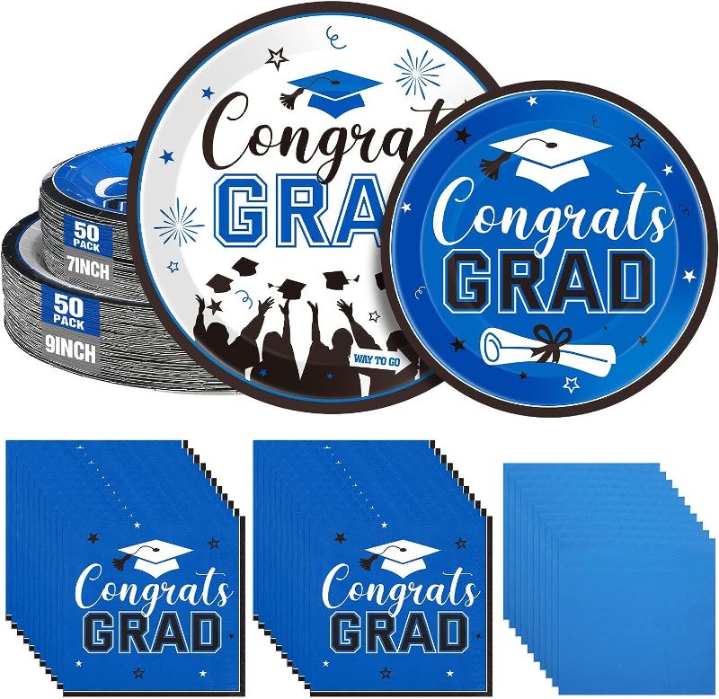 Photo 1 of 200 Pieces Graduation Plates and Napkins Set Serve for 50 Guests Congrats Grad Party Supplies Class of 2023 Paper Disposable Plates 9 inch 7 inch for School Home Celebration Party (Navy Blue)
