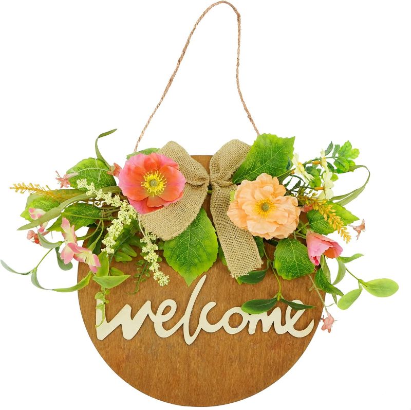 Photo 1 of YNYLCHMX Summer Welcome Sign for Front Door, Round Wooden Hanging Sign for Outdoor, Porch, Indoor, Farmhouse Front Door Decor with Leaves Flowers
