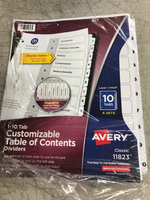 Photo 2 of Avery 10 Tab Dividers for 3 Ring Binders, Customizable Table of Contents, Classic White Tabs, 6 Sets (11823)