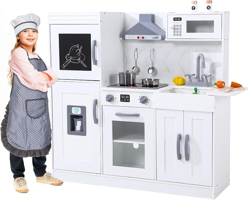 Photo 1 of Kids Kitchen Playset, Wooden Chef Pretend Play Set with 20 PCS Cookware Accessories, Wooden Cookware Pretend with Ice Maker, Microwave, Oven, Range Hood, Sink, Real Lights & Sounds?White

