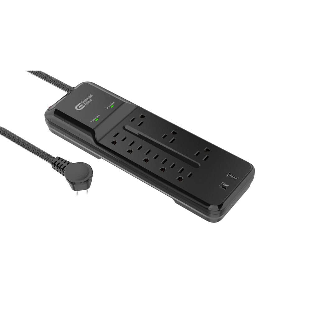 Photo 1 of Commercial Electric 12 Ft. Braided Cord 8-Outlet Surge Protector with 1 USB and 1 USB-C, Black
