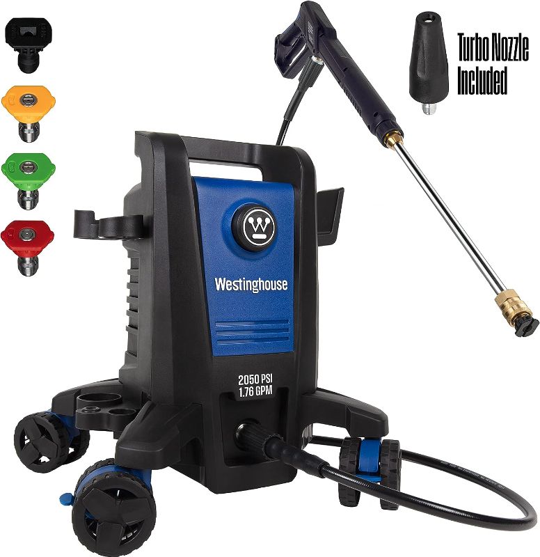 Photo 1 of Westinghouse ePX3100 Electric Pressure Washer, 2050 Max PSI 1.76 Max GPM with Anti-Tipping Technology, Onboard Soap Tank, Pro-Style Steel Wand, 5-Nozzle Set, for Cars/Fences/Driveways/Home/Patios
