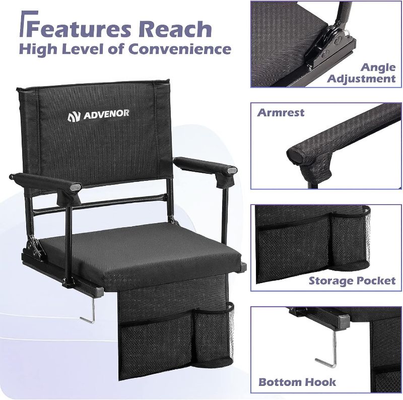 Photo 1 of ADVENOR Portable Stadium Seat with Back Support for Bleacher,  Adjuatble 6 Reclining Position, 2 PocketS Thick Padded Cushion Ideal for Basketball Soccer Sport Events Regular Black 