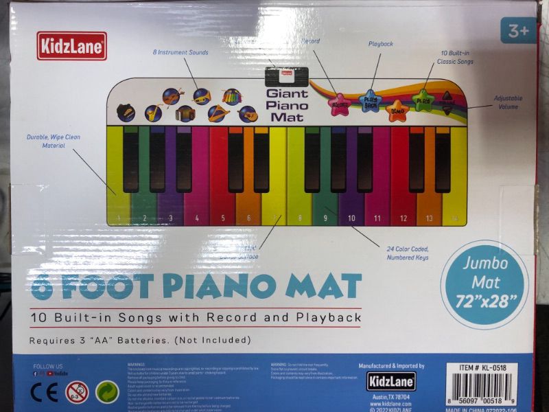 Photo 3 of Kidzlane Floor Piano Mat for Kids and Toddlers | Giant 6 ft. Piano Mat, 24 Keys, 10 Song Cards, Built in Songs, Record & Playback, 8 Instrument Sounds | Dance Mat Toy for Boys & Girls Ages 3 Plus Rainbow Piano Mat