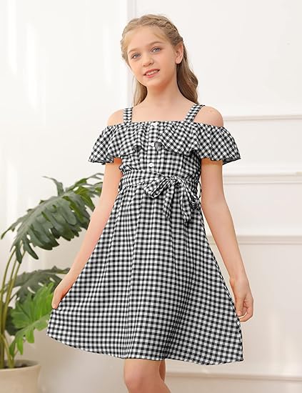 Photo 1 of Girls Off Shoulder Summer Casual Dresses Plaid Print Ruffle Trim Tie Front A-Line Midi Swing Cami Sundress Black Size M