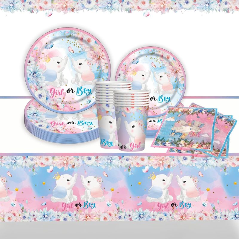 Photo 1 of 65Pcs Gender Reveal Party Supplies Boy or Girl Gender Reveal Party Decorations Include Elephant Theme Plate Cups Napkins Tablecloth for 16 Guests