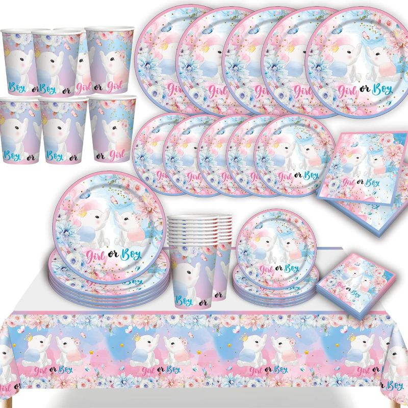 Photo 1 of 65Pcs Gender Reveal Party Supplies Boy or Girl Gender Reveal Party Decorations Include Elephant Theme Plate Cups Napkins Tablecloth for 16 Guests