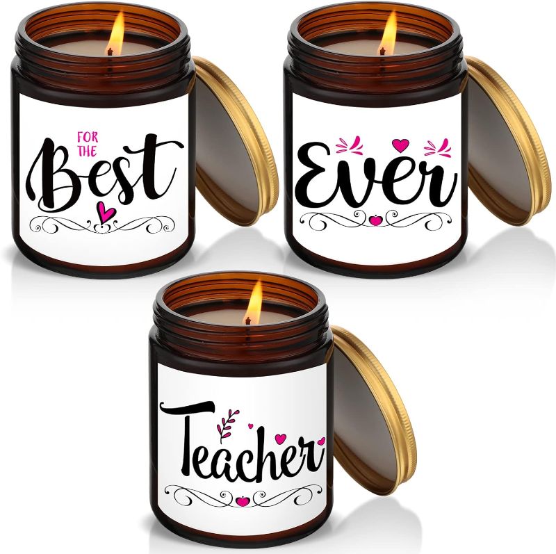 Photo 1 of 3 Pcs Teacher Appreciation Gifts Best Teacher Ever Gifts Teacher Retirement Gifts for Women Men 7oz Scented Jar Candles Natural Mineral Wax Scented Candles for Teacher Xmas Gifts (Teacher, Brown)