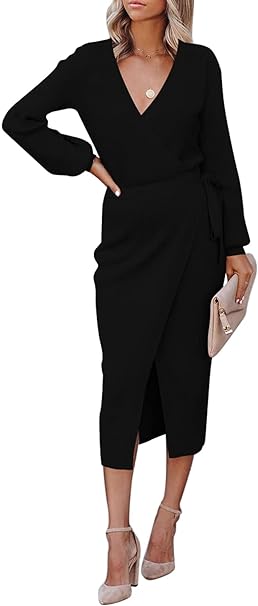 Photo 1 of Linsery Women's Wrap V Neck Long Sleeve Belted Sweater Ribbed Knit Midi Dress Black Size L