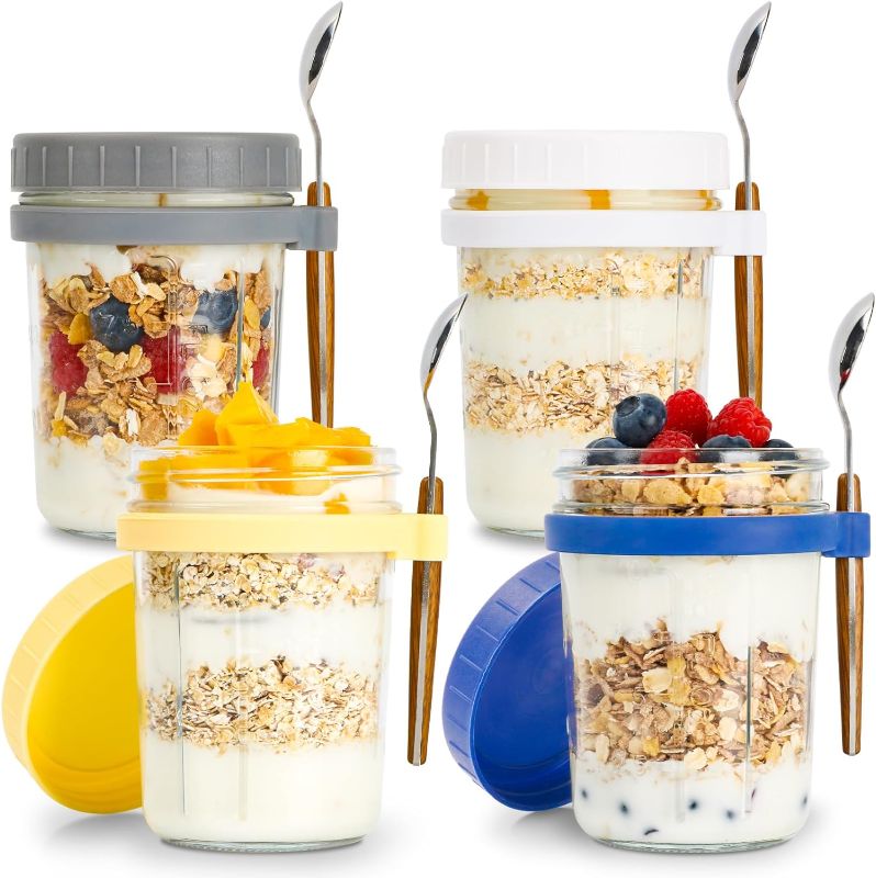 Photo 1 of 4 Pack Overnight Oats Containers with Lids and Spoons, 12 oz Glass Mason Overnight Oats Jars, Airtight Oatmeal Container with Measurement Marks for Yogurt...