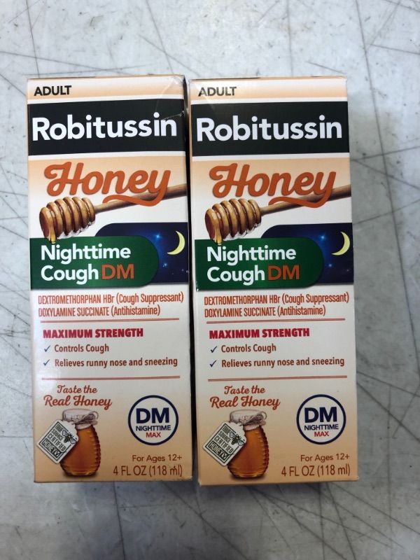 Photo 2 of 2 Pack Lot , Robitussin Nighttime Cough, DM, Maximum Strength, Honey, Adult - 4 fl oz Exp 10/2024