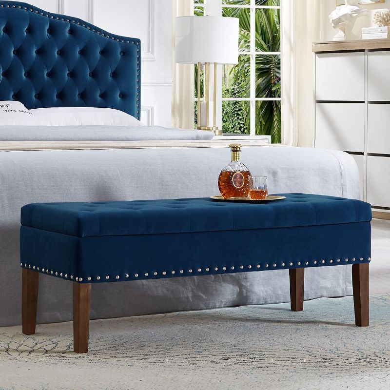 Photo 1 of 24KF Velvet Modern Upholstered Tufted Button Storage Bench with Studded Nails for Living Room 5076-Navy
