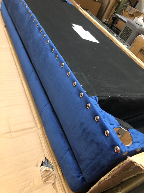 Photo 2 of 24KF Velvet Modern Upholstered Tufted Button Storage Bench with Studded Nails for Living Room 5076-Navy
