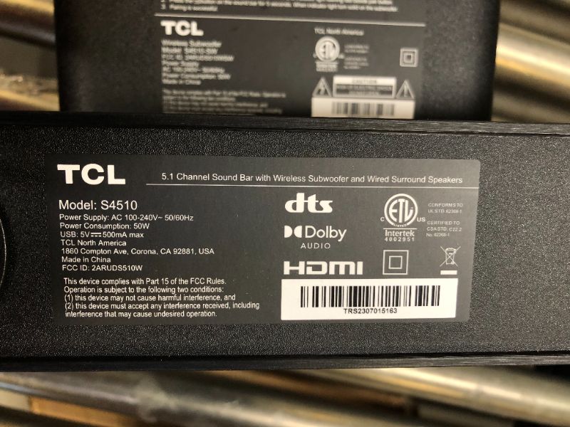 Photo 5 of TCL 5.1ch Sound Bar with Wireless Subwoofer (S4510, 2023 Model), Built-in Center Channel, 2 Rear Surround Sound Speakers, Dolby Audio, DTS Virtual:X, Bluetooth, Wall Mount/HDMI Cable Included,Black