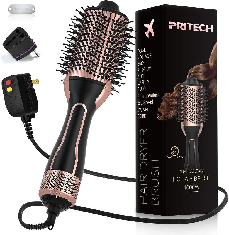 Photo 1 of Dual Voltage Hair Dryer Brush, PRITECH Hot Air Brush 110V-120V/220V-240V Ionic 1000W Blow Dryer Brush 4 in 1 Styler, One Step Volumizer,Styling Brush for Straight and Curling Hair Salon

