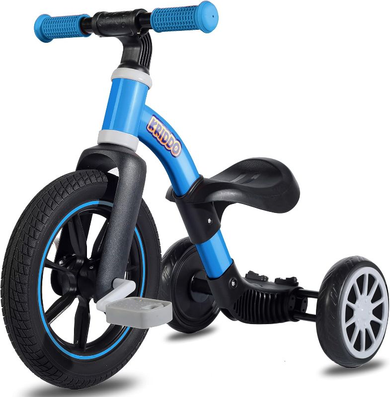 Photo 1 of KRIDDO 3-in-1 Kids Tricycles for 2-3 Year Old, 12 Inch Front Wheel Trike and Toddler Balance Bike Bicycle for Boys Girls 2 Years to 4 Years, Removable Pedals for Push and Ride Fun, Blue
