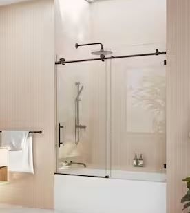 Photo 1 of 56 in. W x 60 in. H Sliding Frameless Bath Tub Shower Door in Matte Black Finish
