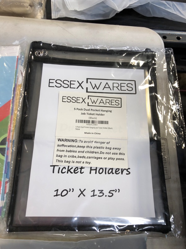 Photo 2 of 5 Pack Dual Hanging Job/Shop Ticket Holder (Black) - by Essex Wares - Use in Your Business or in a Classroom. Fits Standard 8.5 X 11 Sheets of Paper Plus Front Pocket to Store Small Items.