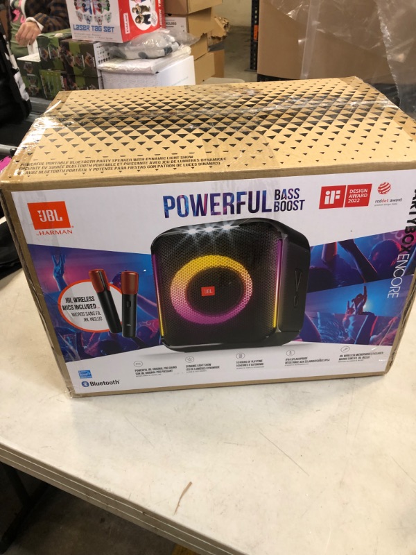 Photo 3 of JBL Partybox Encore Essential: 100W Sound, Built-in Dynamic Light Show, and Splash Proof Design, Waterproof Portable Bluetooth Speaker, Black