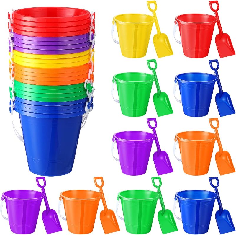 Photo 1 of 24 Packs Sand Buckets and Shovels Sets for Boys Girls, Small Plastic Bucket Beach Toys for Summer Beach Party Favors
