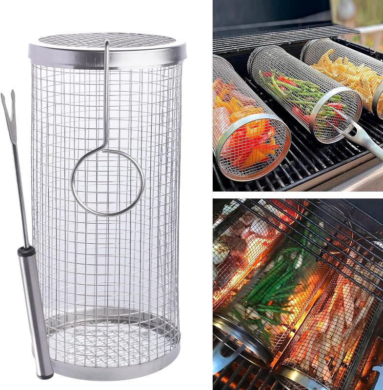 Photo 1 of [1 PCS] 2023 New Rolling Grilling Basket BBQ Grill Basket for Outdoor Stainless Steel Grill Mesh bbq Grill Accessories Portable Camping Grill Baskets for Fish, Meat, Vegetable, Shrimp, French Fries
