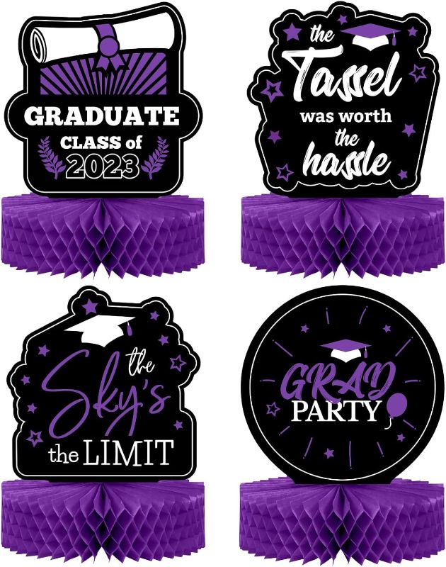 Photo 2 of [LOT OF 3] 2023 Graduation Decorations Class of 2023 4-Pack Graduation Table Centerpiece Decorations - Double Sided Class of 2023 Graduation Party Decorations - 12” Purple Graduation Party Decorations 2023
