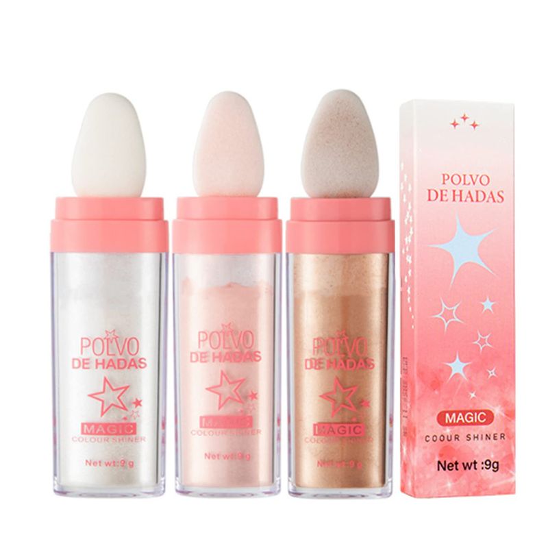 Photo 1 of 3PC Polvo De Hadas Shimmer Face and Body Highlighter Powder Stick Makeup,Natural Three-dimensional Face Powder Blusher,High Gloss Fairy Glitter Sparkle Patting Powder Makeup (White+pink+gold)

