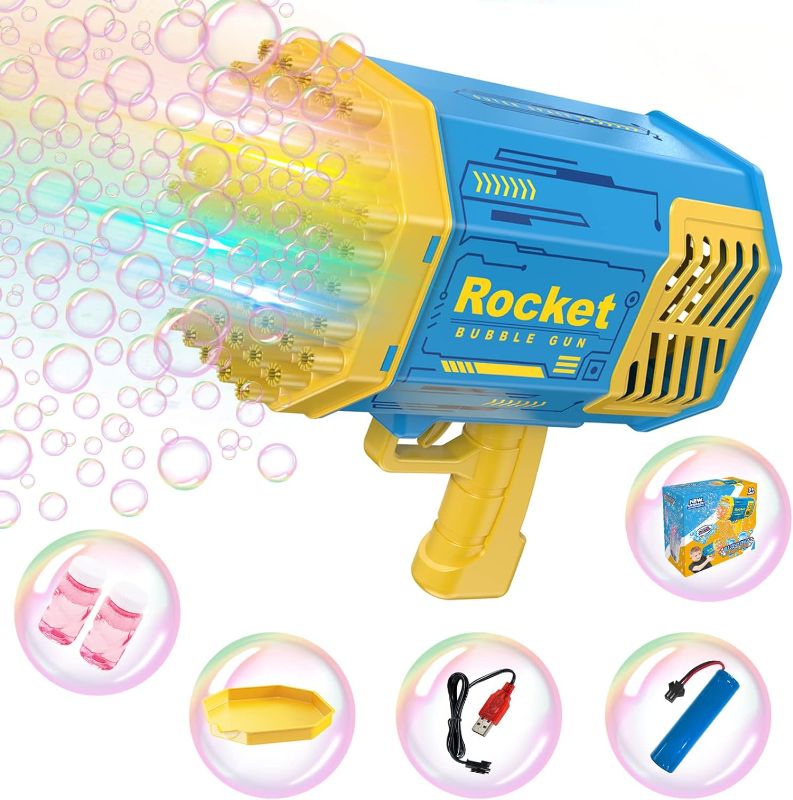 Photo 1 of Bubble Gun - 69 Holes Rocket Bazooka Bubble Machine Gun with Colorful Lights & Bubble Solution for Kids Adult Automatic Bubble Maker Gun for Outdoor Playing Activity Party Wedding (Blue)
